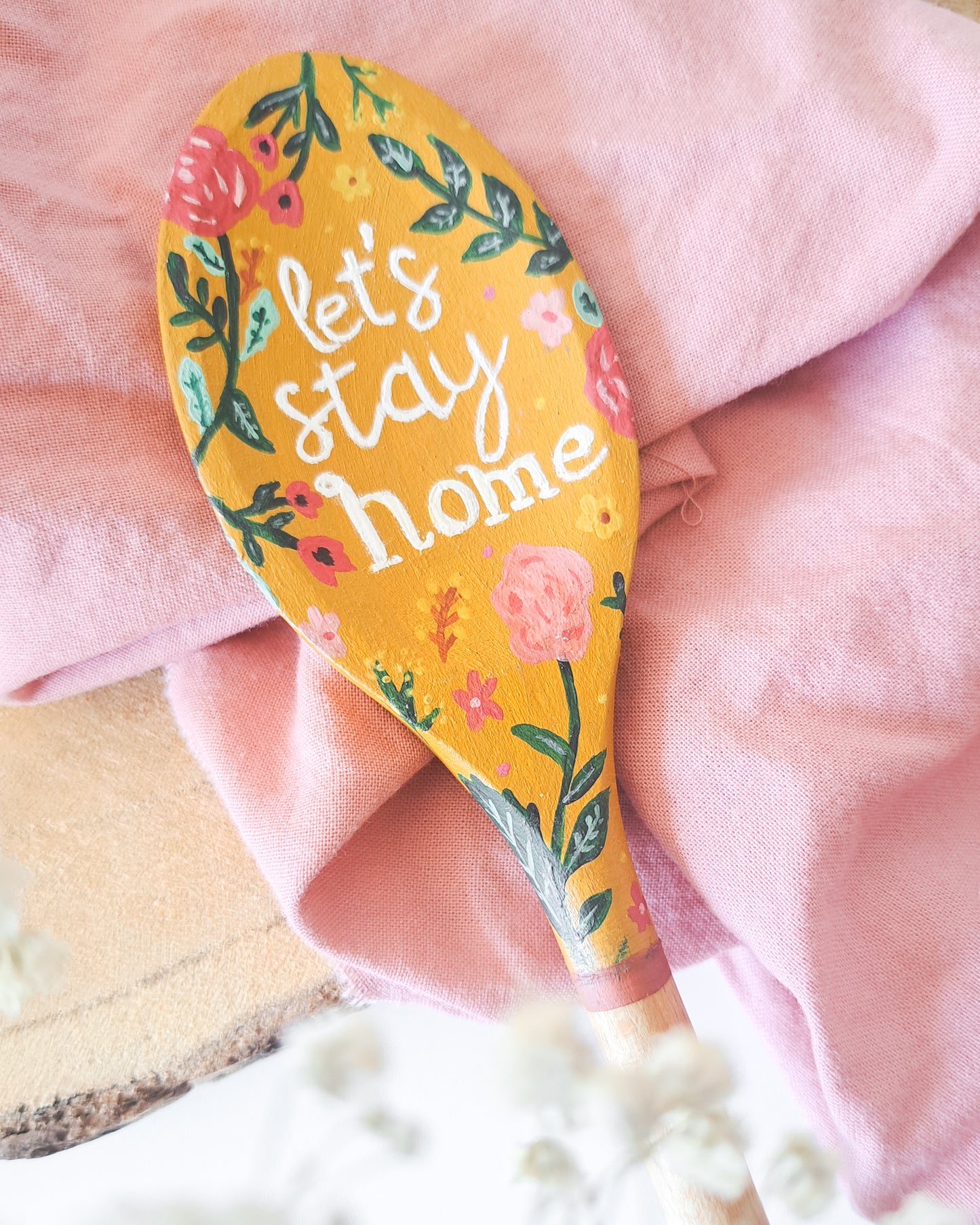 Colher de Pau Pintada à Mão - Let's Stay Home